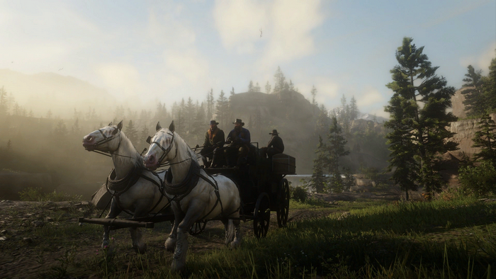 Arthur Morgan from Red Dead Redemption 2 with horses and carriage