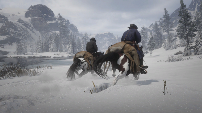 Two cowboys riding horses with deer carcasses in Red Dead Redemption 2