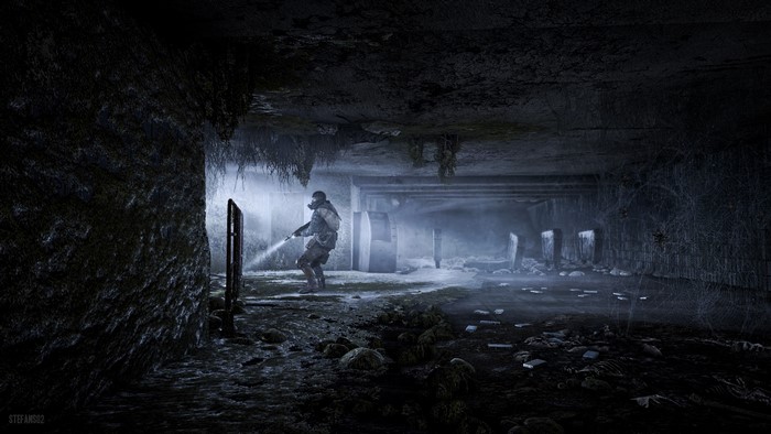 Soldier with assault rifle in post-apocalyptic tunnel