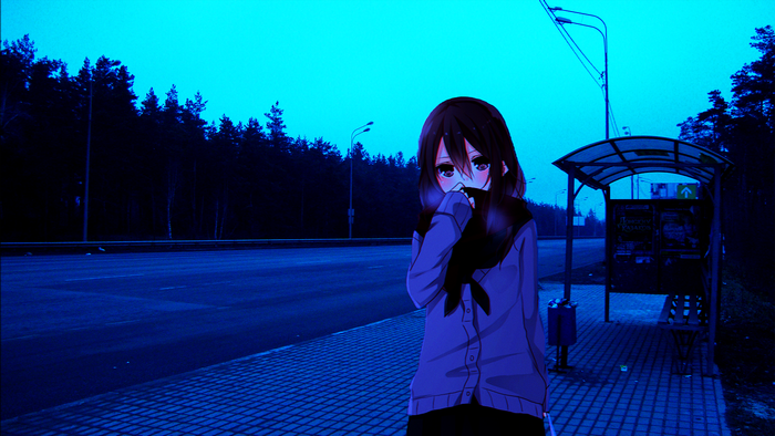 Anime girl at a cold Russian bus stop at night