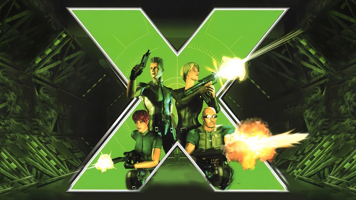 X-Squad characters in front of a large X logo