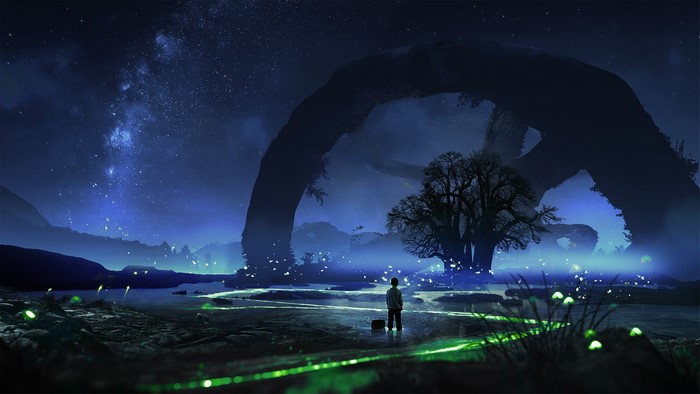 Boy with suitcase under starry sky with giant trees