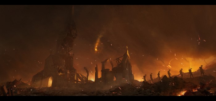 Artwork of soldiers in war-torn ruins with fire