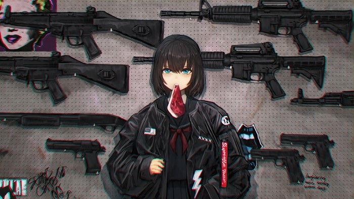 Anime girl with guns and steak