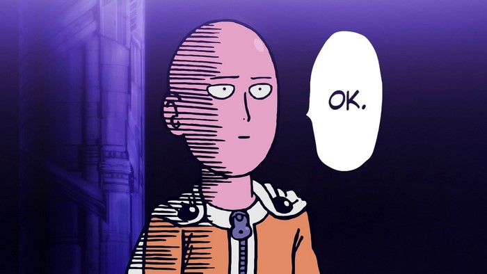 Saitama from One-Punch Man with OK speech bubble
