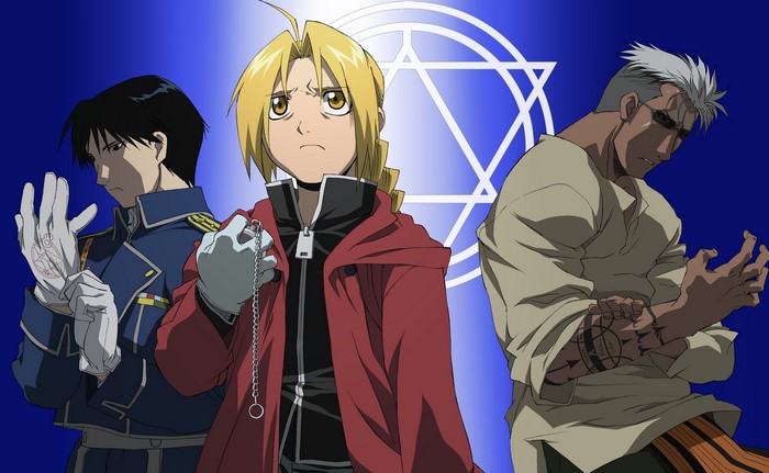 Full Metal Alchemist characters: Edward Elric, Roy Mustang, Alex Louis Armstrong