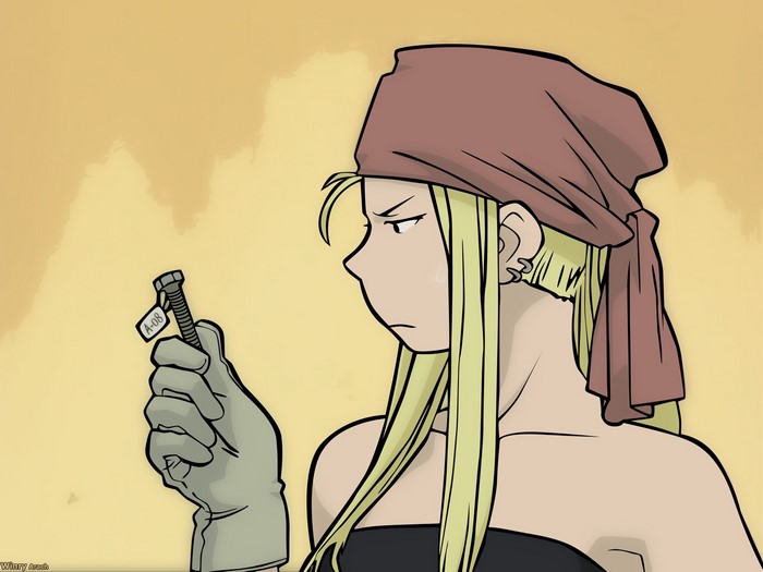 Winry Rockbell from Fullmetal Alchemist holding a bolt