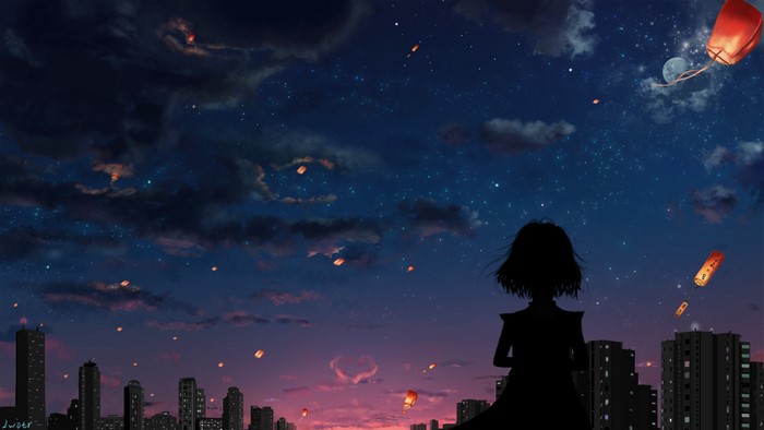 Anime girl watching lanterns in the night sky over city