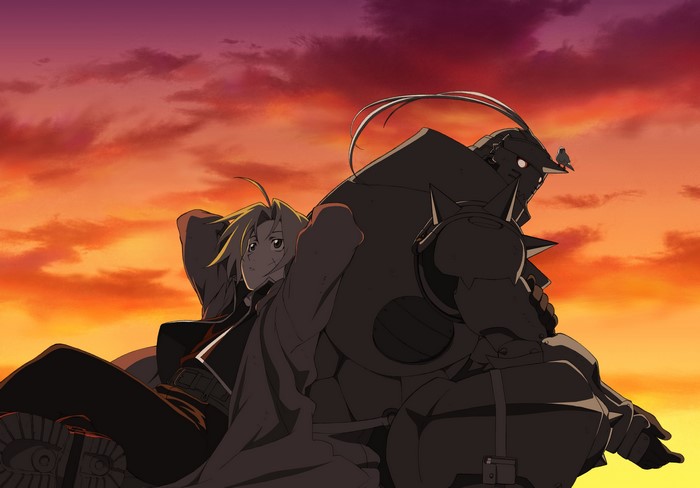 Edward and Alphonse Elric from Fullmetal Alchemist against a sunset