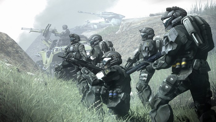 Soldiers in futuristic armor with weapons and vehicles
