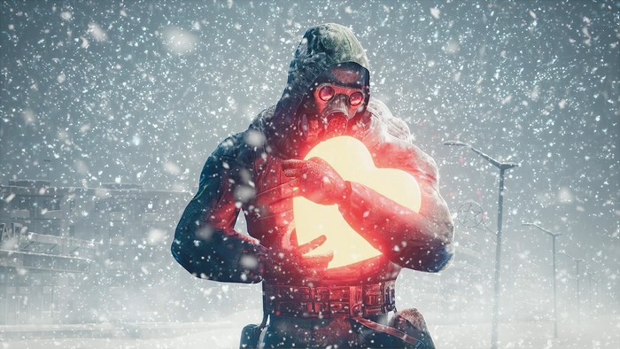 S.T.A.L.K.E.R. character holding a glowing heart in snow
