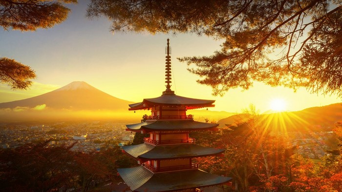 Sunset over Mount Fuji and a pagoda in Japan
