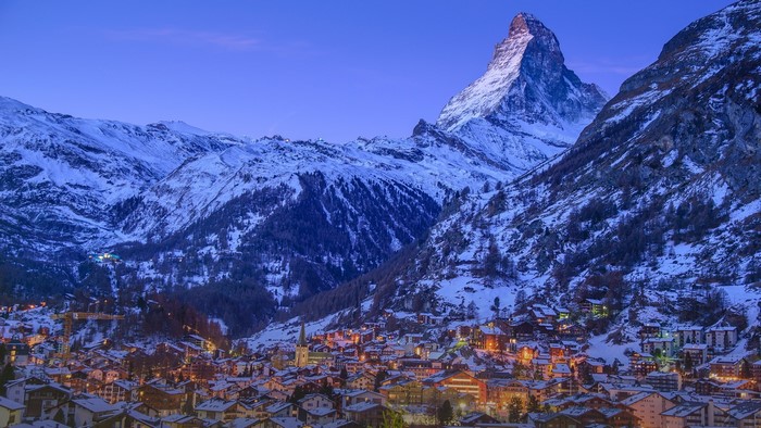 Zermatt village at dawn with Matterhorn mountain in Switzerland