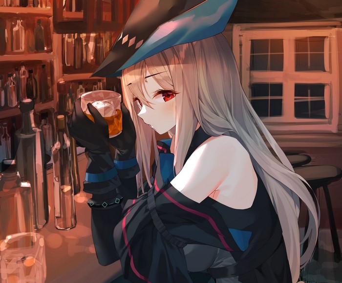 Skadi from Arknights holding a drink