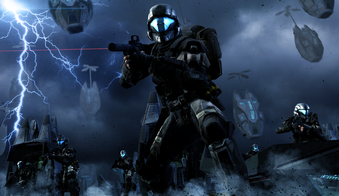 Soldiers in futuristic armor with submachine guns during a lightning storm
