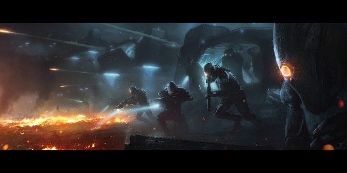 Soldiers advancing through fire in a sci-fi battle