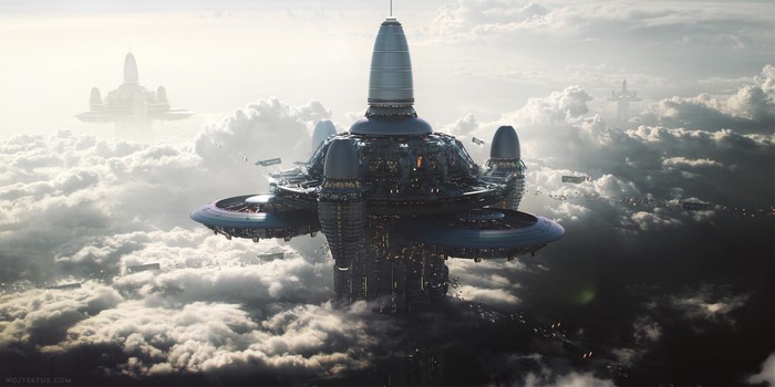Futuristic city artwork by Wojtek Fus