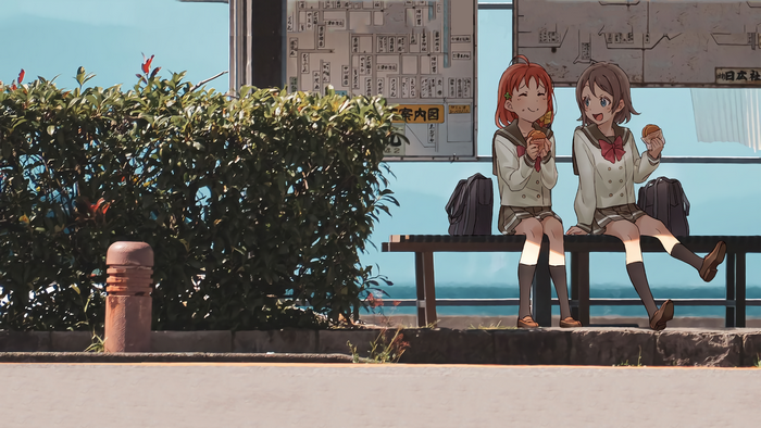 Two anime girls from Love Live! Sunshine eating snacks at a bus stop