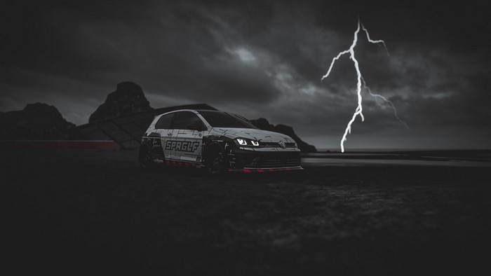 Volkswagen Golf Mk7 in Forza Horizon 4 during a thunderstorm