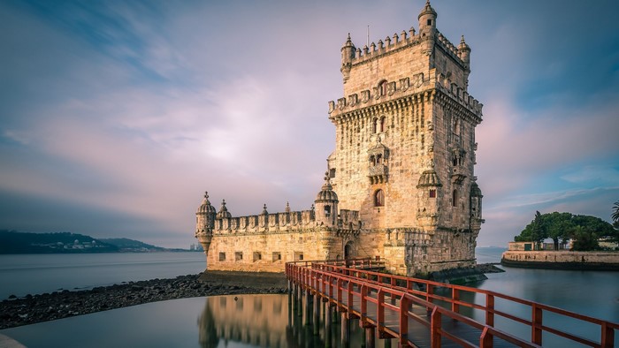 Torre de Belém in Lisbon, Portugal at sunrise