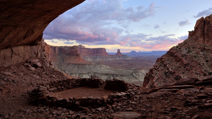 False Kiva ruins in Canyonlands National Park at sunset