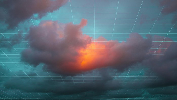 Digital grid overlay on sunset clouds