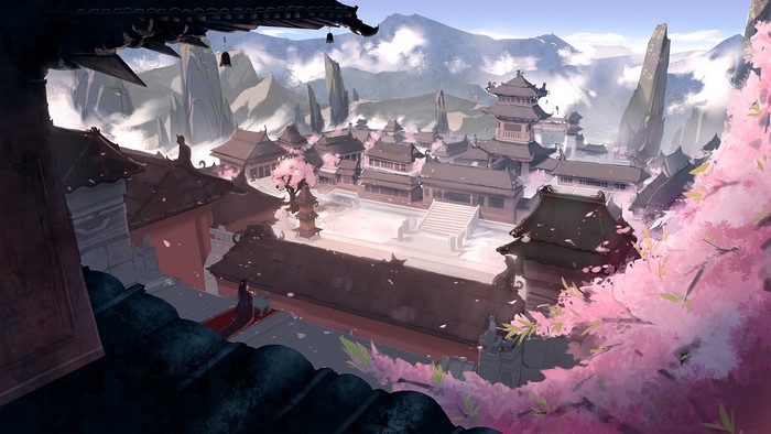 Fantasy Asian village with cherry blossoms and mountains