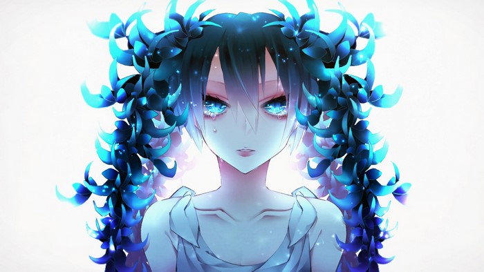 Anime girl with blue hair and pigtails crying
