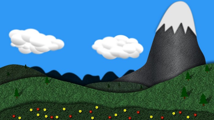 Digital art of a stylized mountain landscape with clouds and flowers