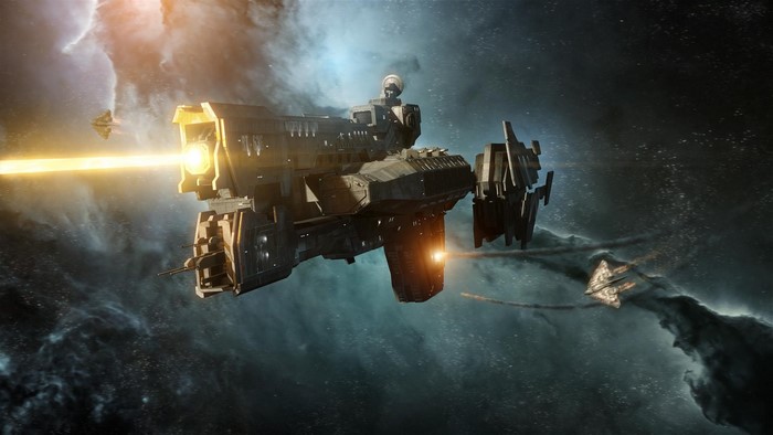 Spaceship firing laser in space with smaller ships