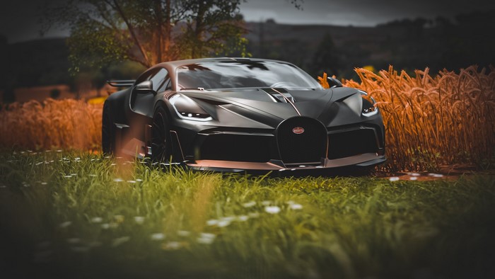 Bugatti Divo in a field with wheat and grass