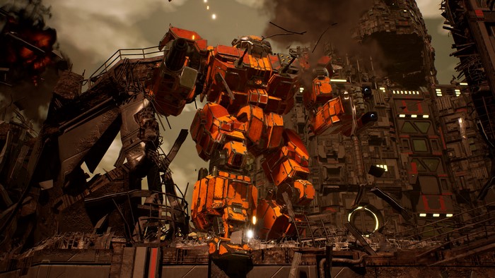 MechWarrior 5: Mercenaries orange mech in ruins