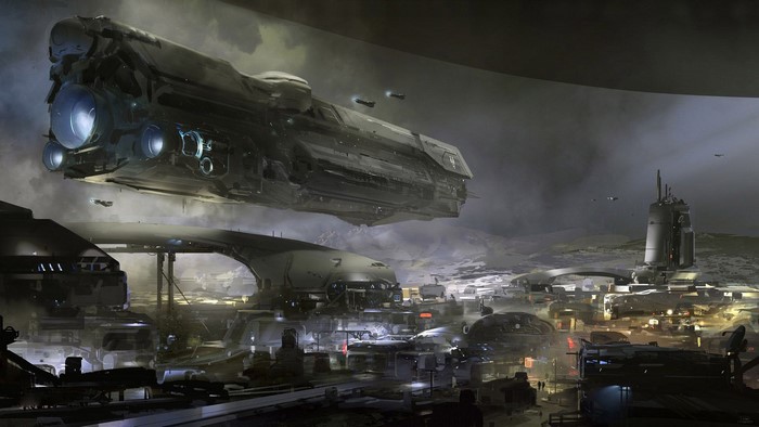 UNSC Infinity spaceship over a futuristic city in Halo