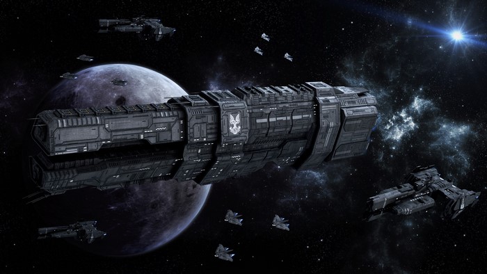 UNSC fleet with a large capital ship and smaller fighters near a planet