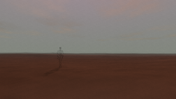 Figure made of dots in a desolate landscape