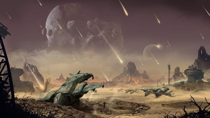 Destroyed landscape with meteor shower and Pelican from Halo