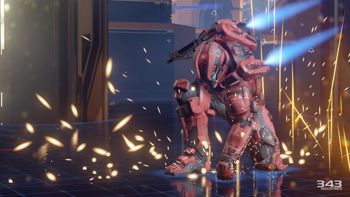 Spartan from Halo firing weapon with sparks