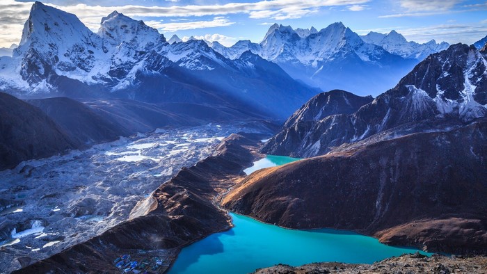 Turquoise lakes and snowy peaks in the Himalayas