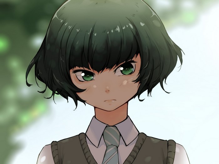 Anime girl with short dark hair and green eyes