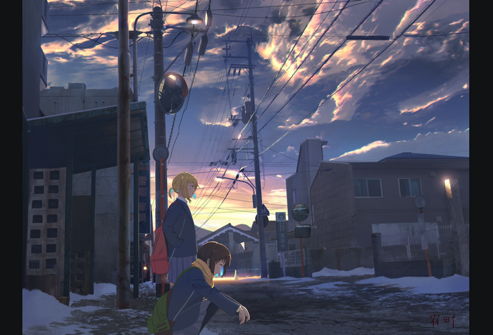Two anime girls in school uniforms on a snowy street at sunset
