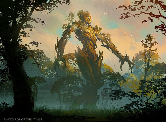 Fantasy creature made of wood and trees in a forest