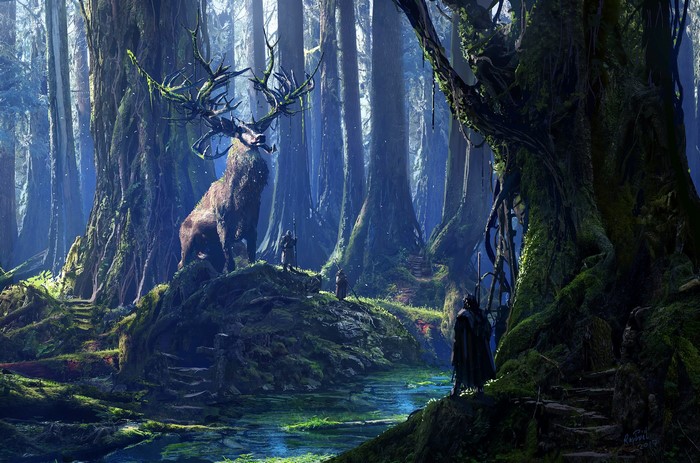 Fantasy forest with a large stag and figures
