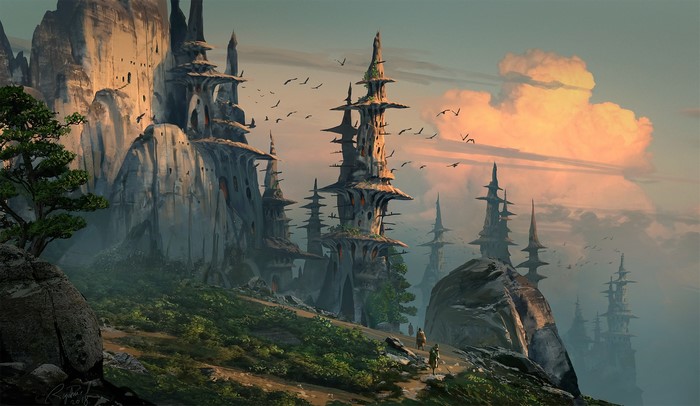 Fantasy landscape with alien architecture and birds