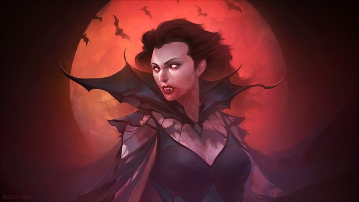 Female vampire with fangs and glowing eyes against a red moon