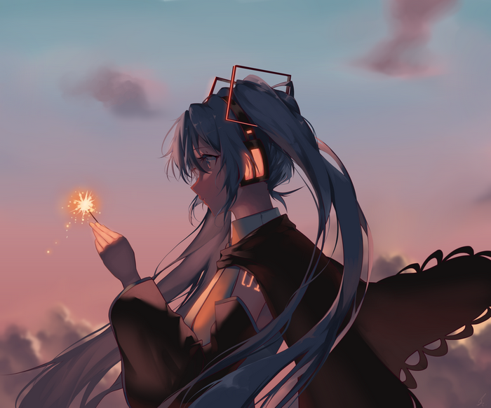 Hatsune Miku from Vocaloid holding a sparkler at sunset