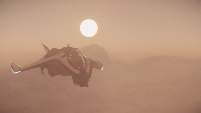 Star Citizen spaceship flying in hazy atmosphere