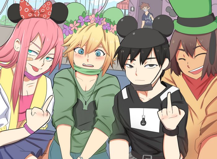 Aubrey, Basil, Sunny, and Kel at a theme park