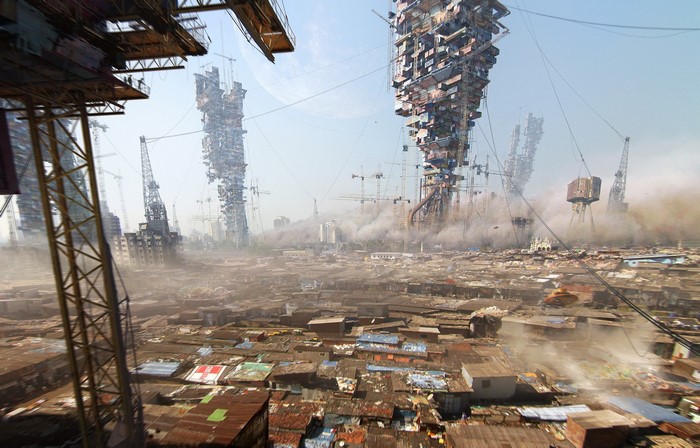 Artwork of a futuristic city under construction by Tamas Medve