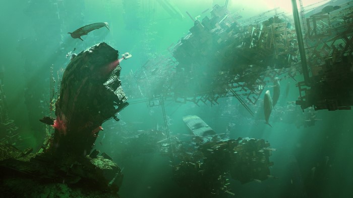 Underwater city ruins with marine life