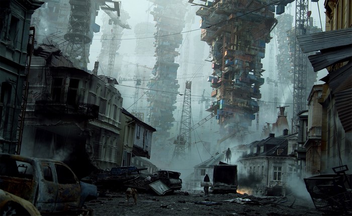 Artwork of a dystopian city with towering structures and cranes